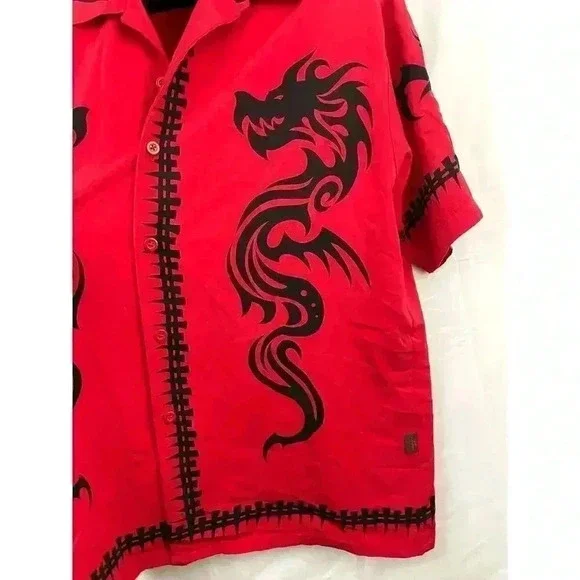 VTG Dragonfly Roadhouse Dragon Bones Button Down Shirt LARGE Single Stitch Red